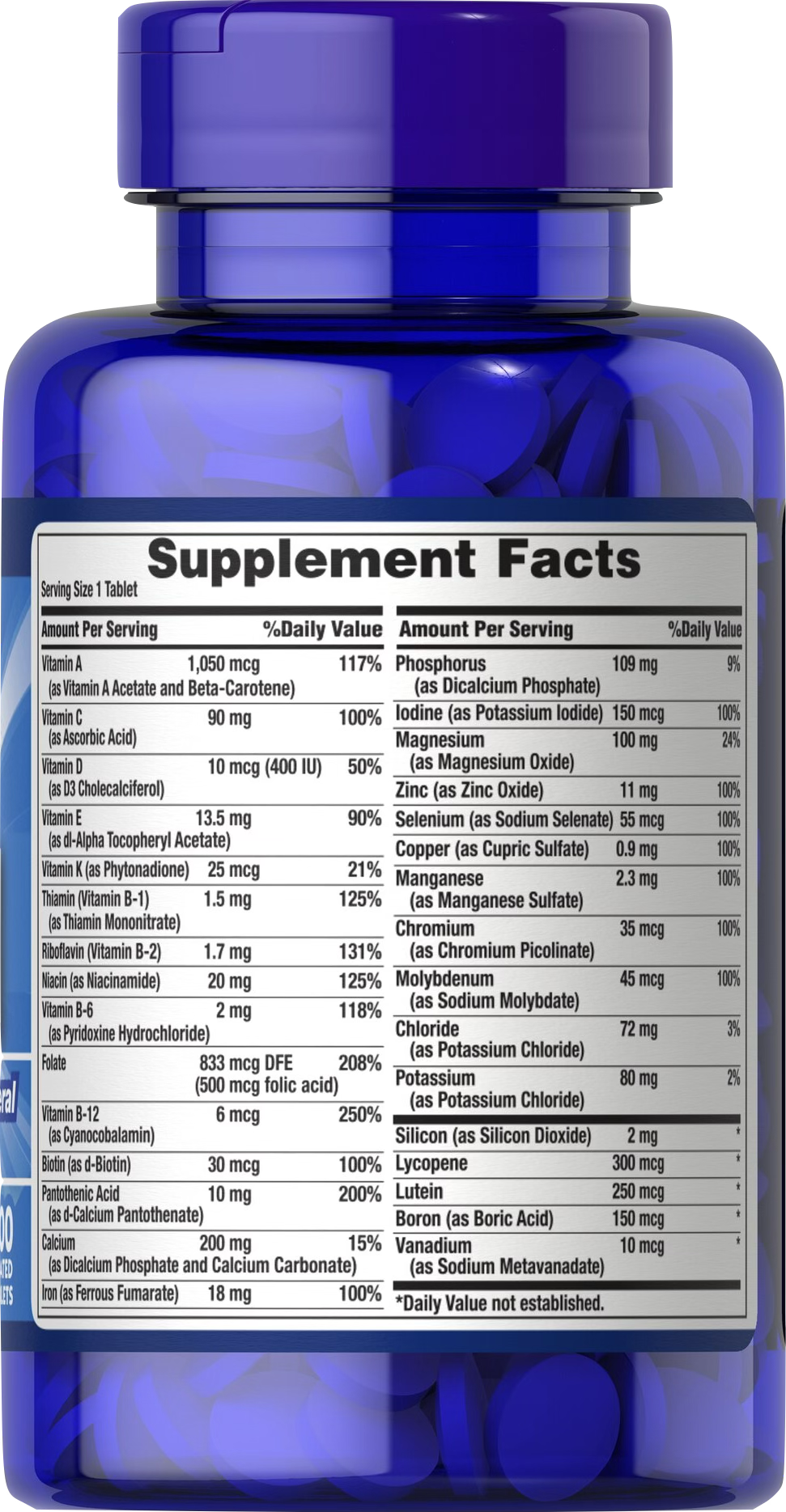 Puritan's Pride ABC Plus Multivitamínico y Multimineral 100 comprimidos recubiertos - información nutricional e ingredientes