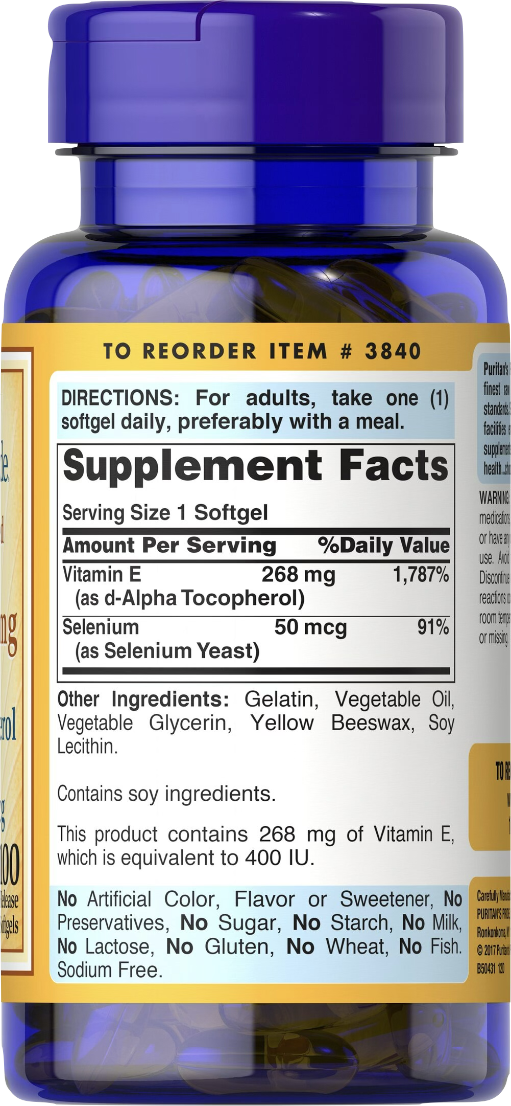 Puritan's Pride Vitamina E 400 UI con Selenio 100 cápsulas blandas de liberación rápida - información nutricional e ingredientes