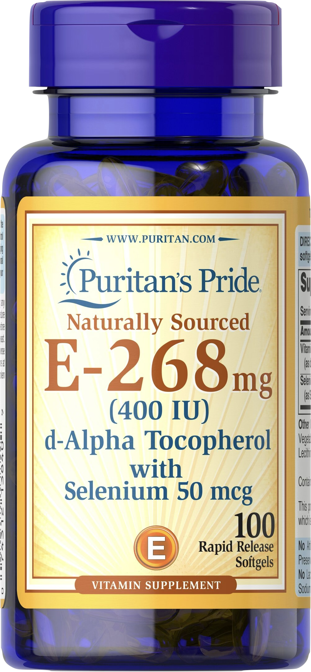 Puritan's Pride Vitamina E 400 UI con Selenio 100 cápsulas blandas de liberación rápida - vista frontal