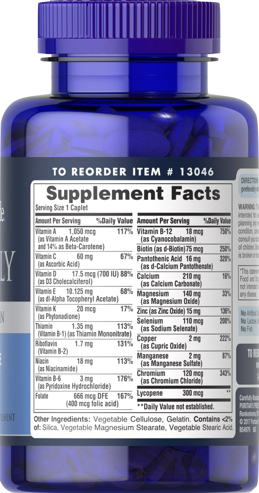 Puritan's Pride Multivitaminas para Hombres 100 comprimidos recubiertos - información nutricional e ingredientes