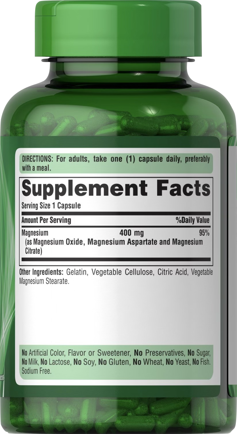 Puritan's Pride Complejo Triple de Magnesio 400 mg 120 cápsulas de liberación rápida - información nutricional e ingredientes