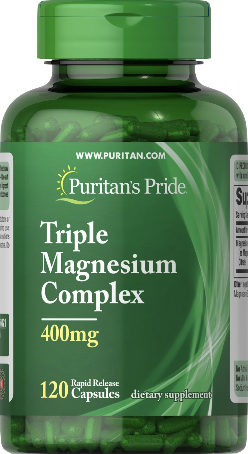 Puritan's Pride Complejo Triple de Magnesio 400 mg 120 cápsulas de liberación rápida - vista frontal