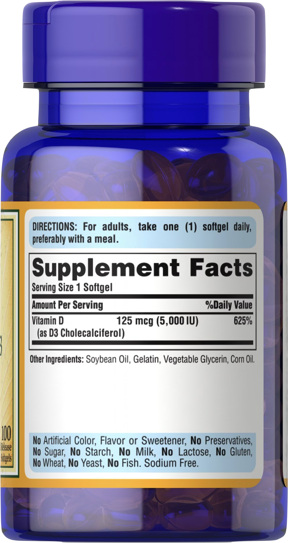 Puritan's Pride Vitamina D3 5000 UI 100 cápsulas blandas de liberación rápida - información nutricional e ingredientes