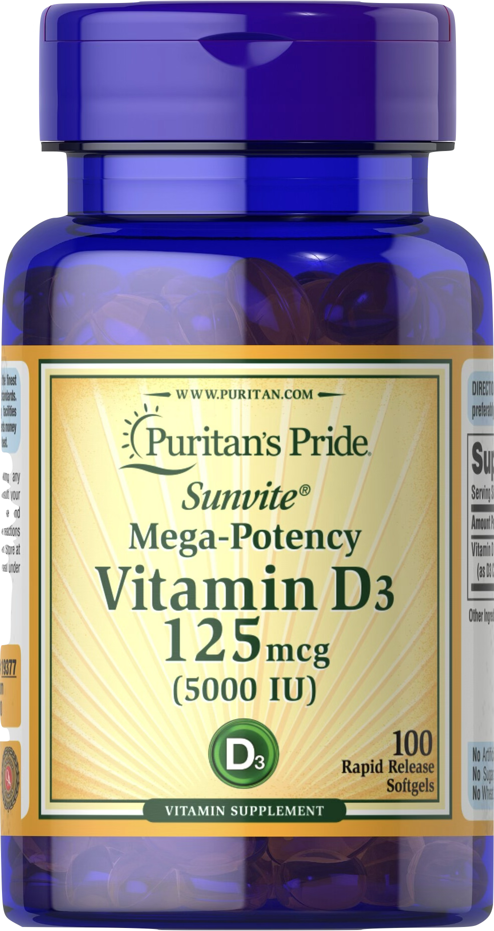 Puritan's Pride Vitamina D3 5000 UI 100 cápsulas blandas de liberación rápida - vista frontal