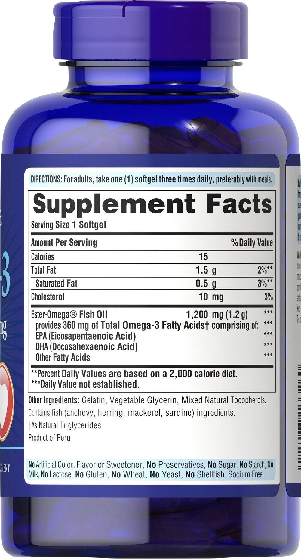 Puritan's Pride Omega-3 1200 mg 100 cápsulas blandas de liberación rápida - información nutricional e ingredientes