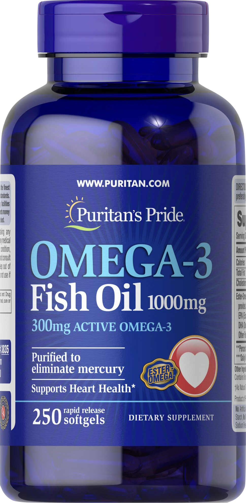 Puritan's Pride Omega-3 1000 mg 250 cápsulas blandas de liberación rápida - vista frontal