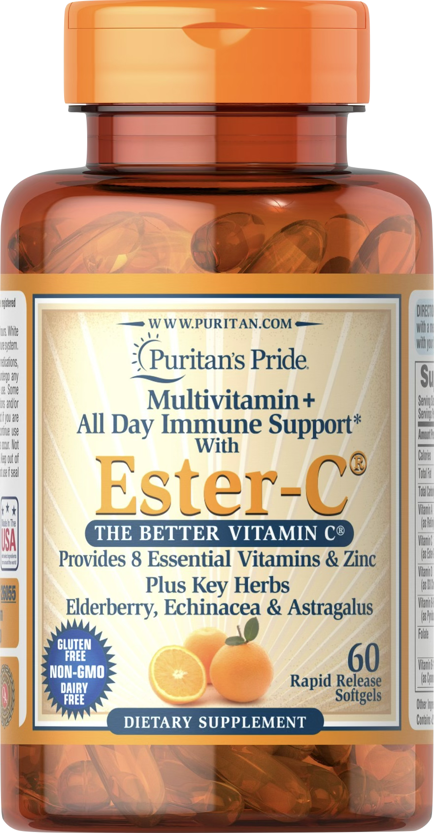 Puritan's Pride Vitamina C Ester-C® + Multivitamínico 60 cápsulas blandas de liberación rápida - vista frontal