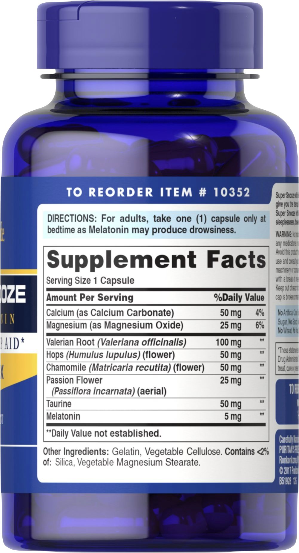 Puritan's Pride Super Snooze con Melatonina 100 cápsulas de liberación rápida - información nutricional e ingredientes