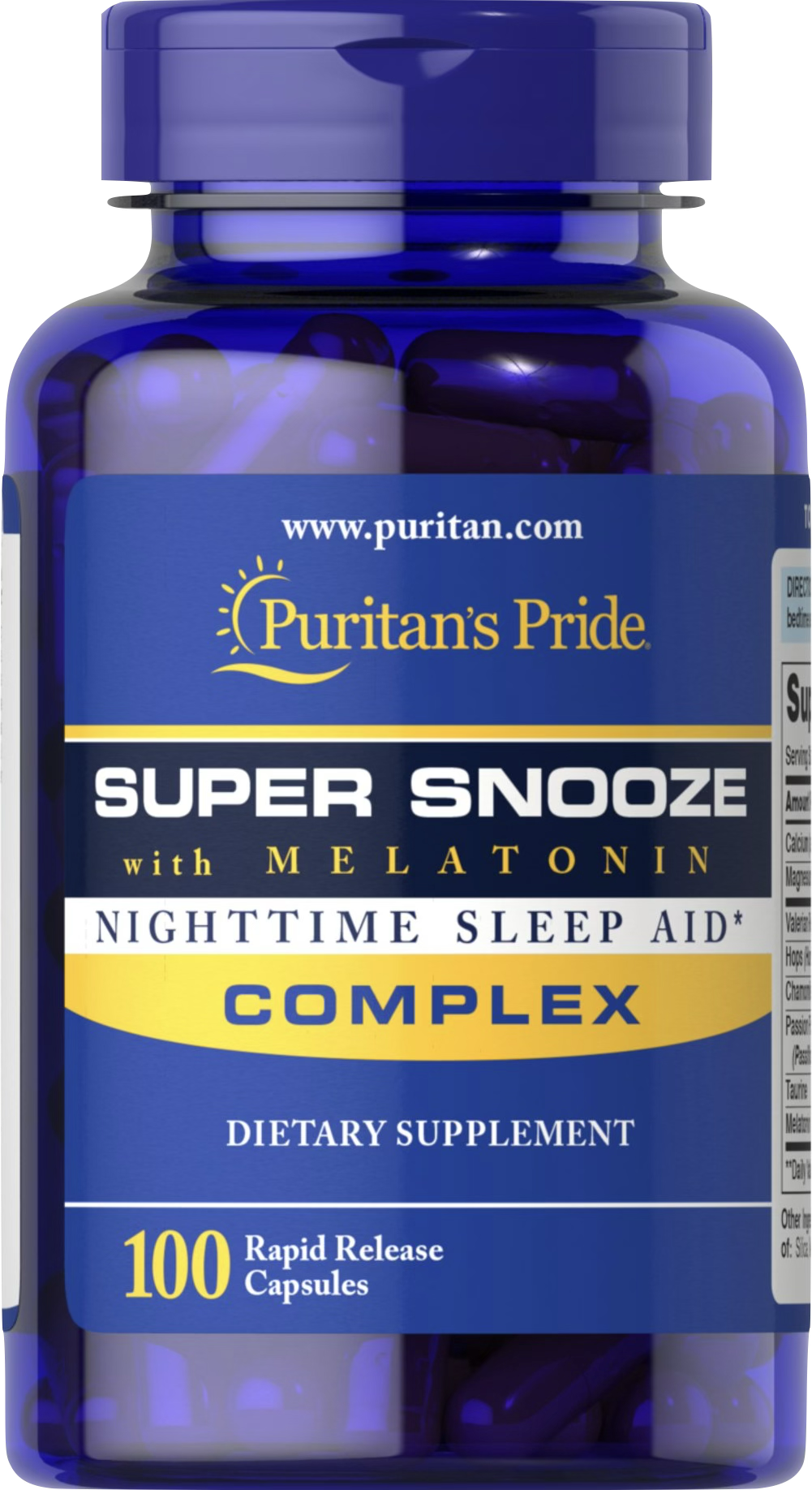 Puritan's Pride Super Snooze con Melatonina 100 cápsulas de liberación rápida - vista frontal