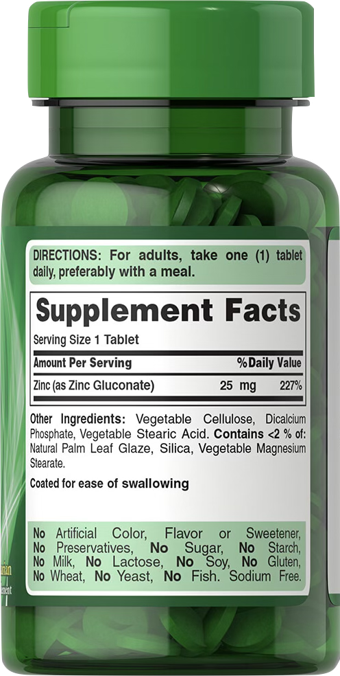 Puritan's Pride Zinc 25 mg 100 comprimidos - información nutricional e ingredientes