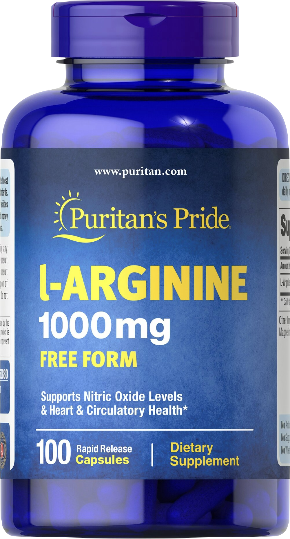 Puritan's Pride L-Arginina 1000 mg 100 cápsulas de liberación rápida - vista frontal