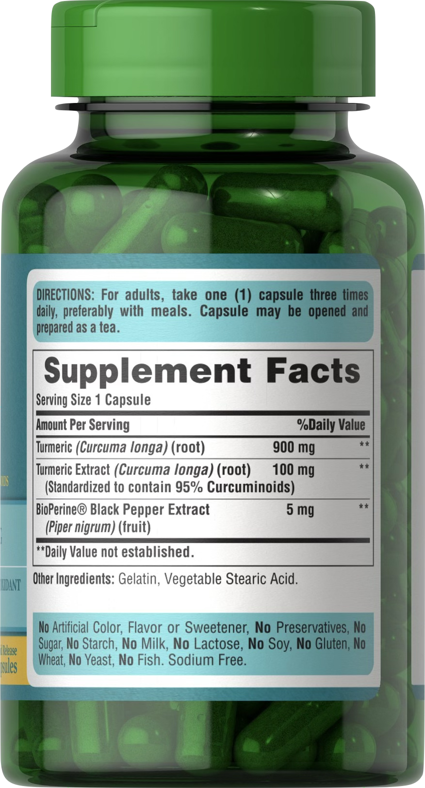 Puritan's Pride Cúrcuma 1000 mg con Pimienta Negra 60 cápsulas de liberación rápida - información nutricional e ingredientes