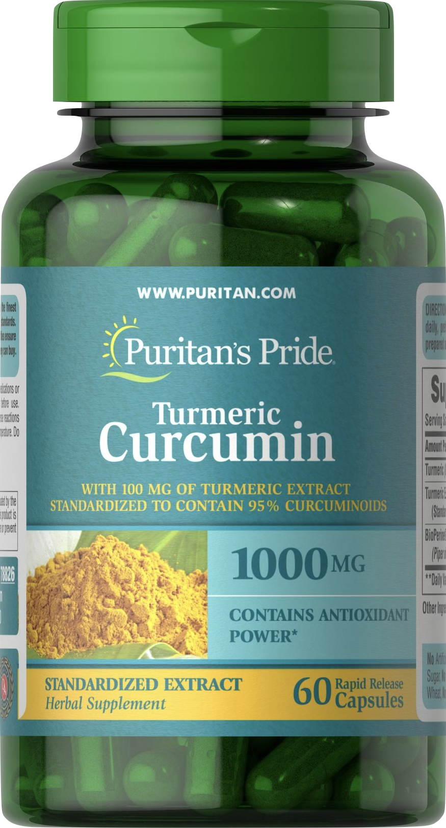 Puritan's Pride Cúrcuma 1000 mg con Pimienta Negra 60 cápsulas de liberación rápida - vista frontal