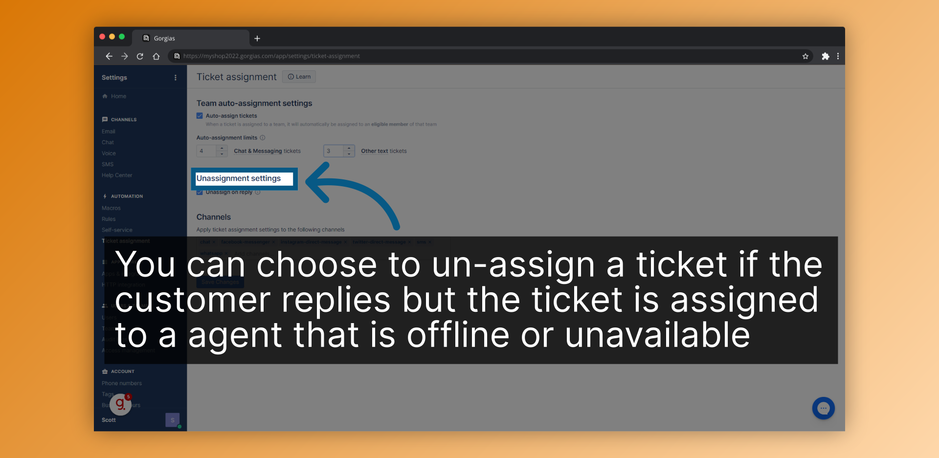 You can choose to un-assign a ticket if the customer replies but the ticket is assigned to a agent that is offline or unavailable