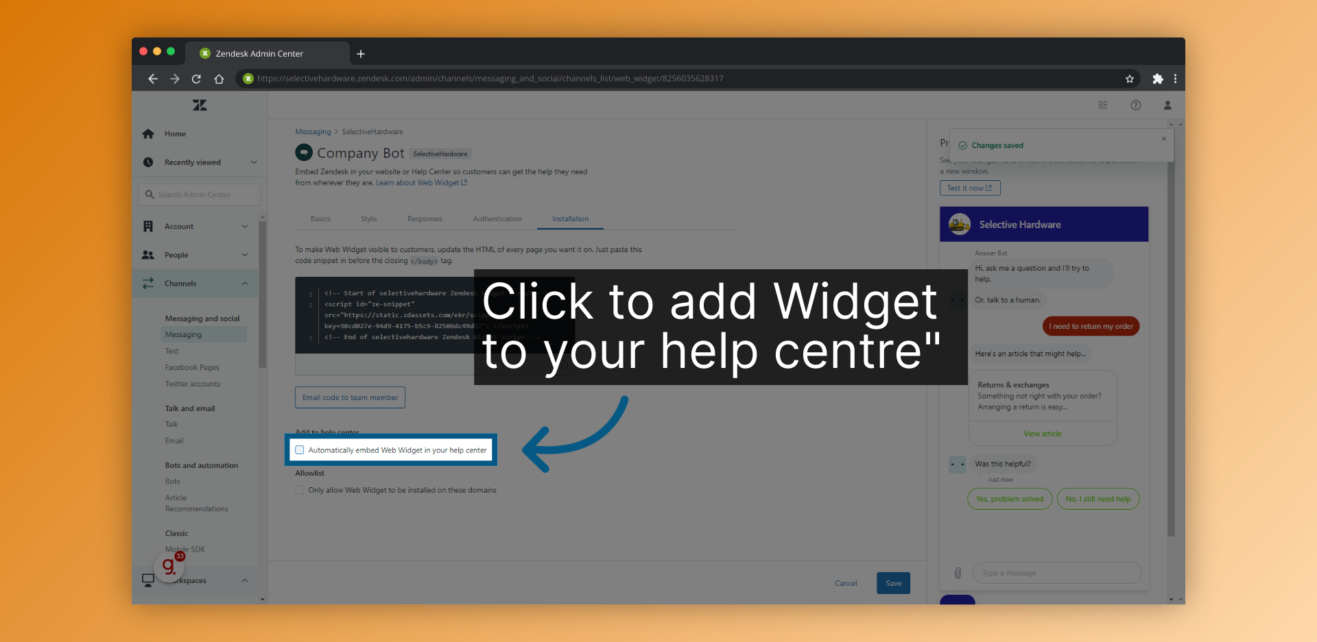 Click to add Widget to your help centre