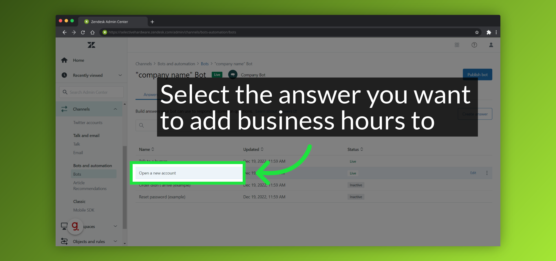 Select the answer you want to add business hours to