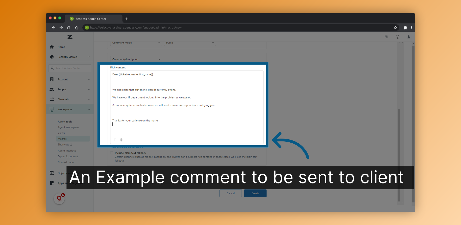 An Example comment to be sent to client