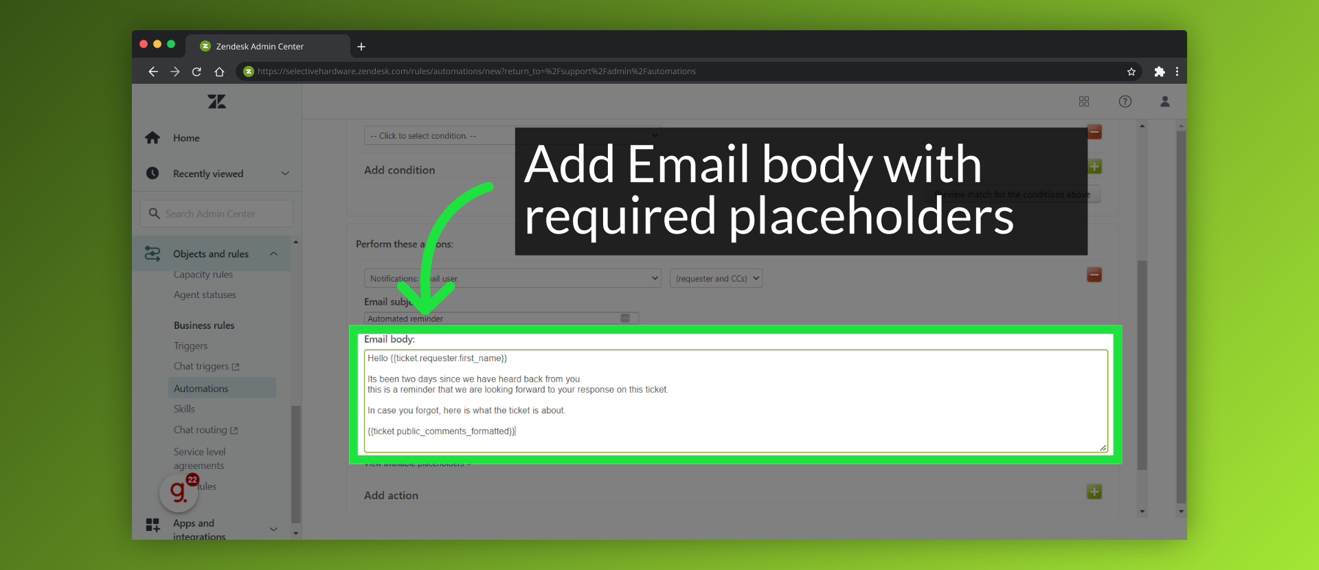 Add Email body with required placeholders