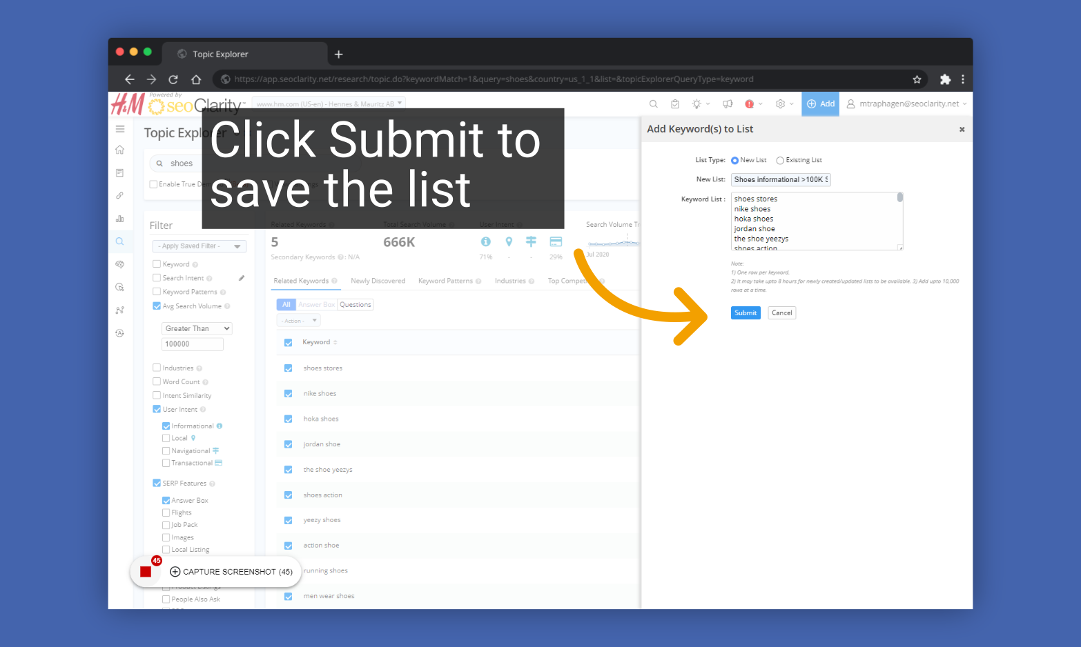 Click Submit to save the list