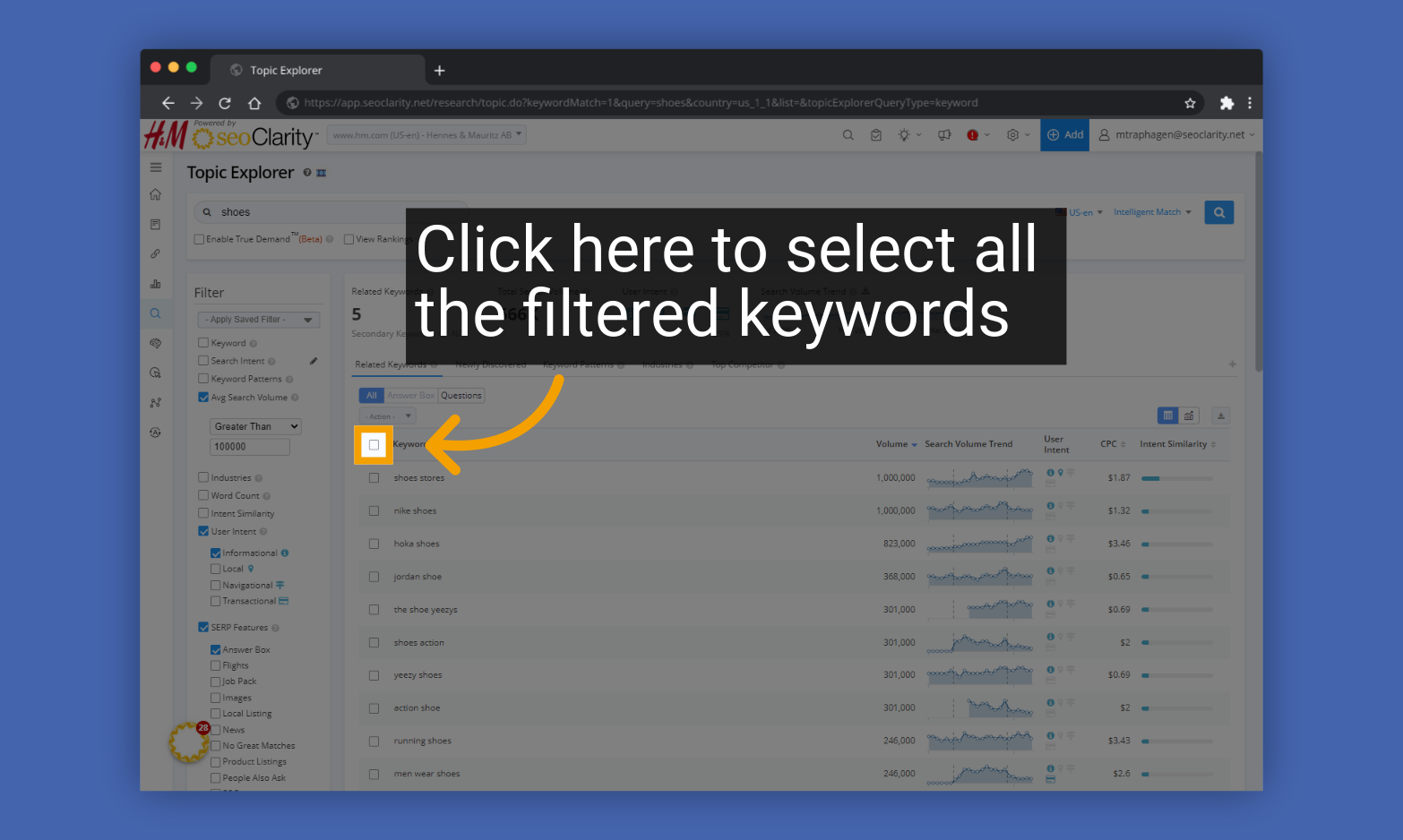Click here to select all the filtered keywords
