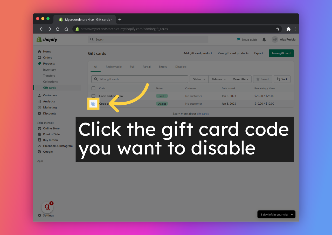 Click the gift card code you want to disable