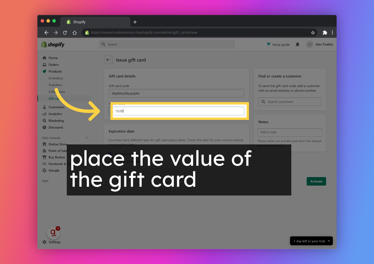 place the value of the gift card
