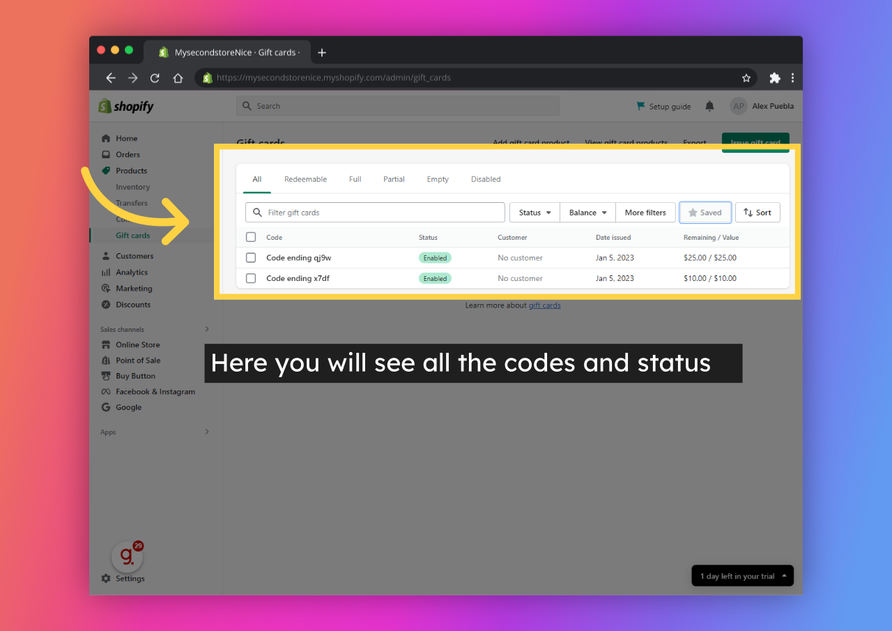 Here you will see all the codes and status