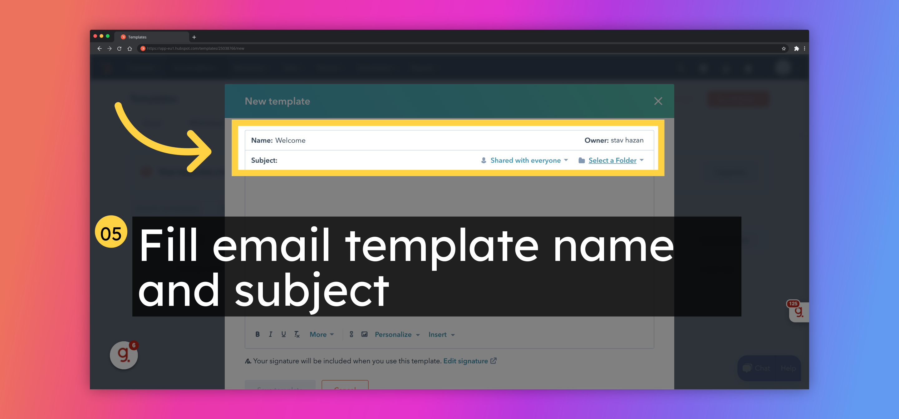 Fill email template name and subject