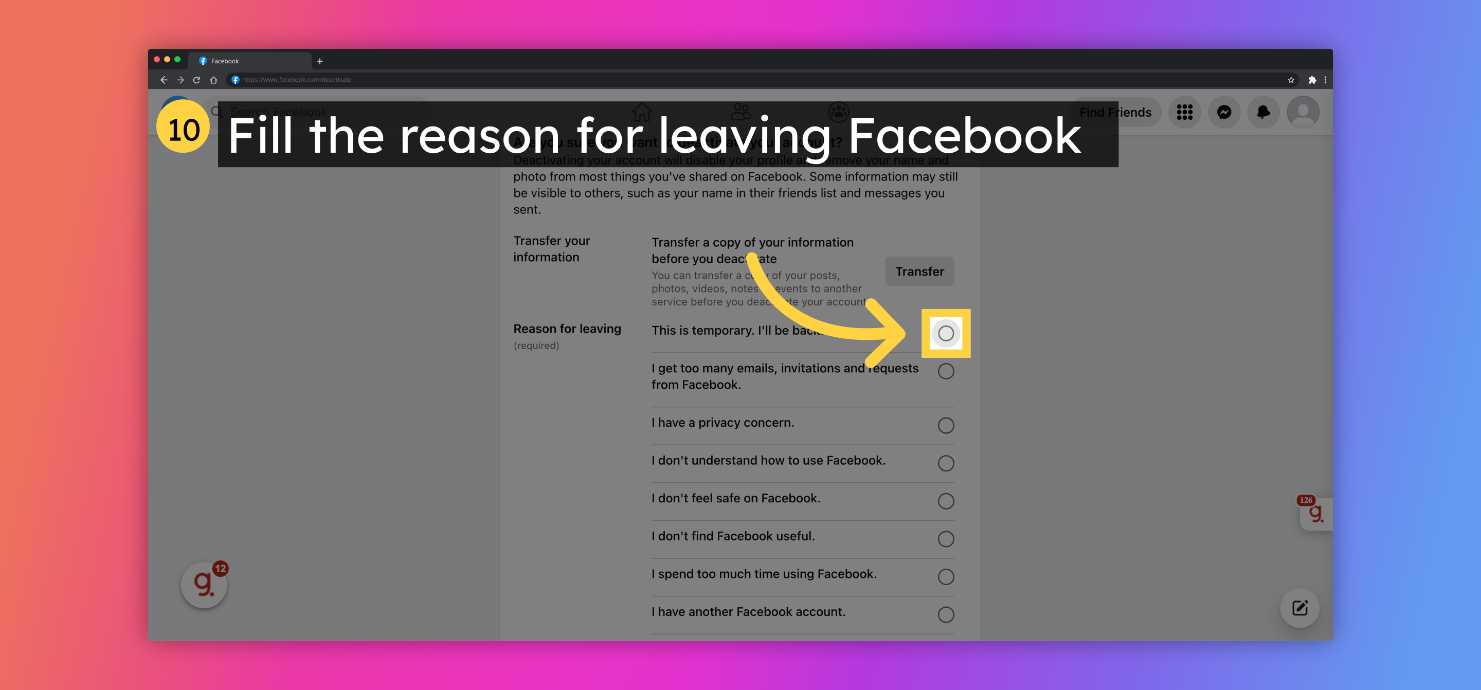 Fill the reason for leaving Facebook