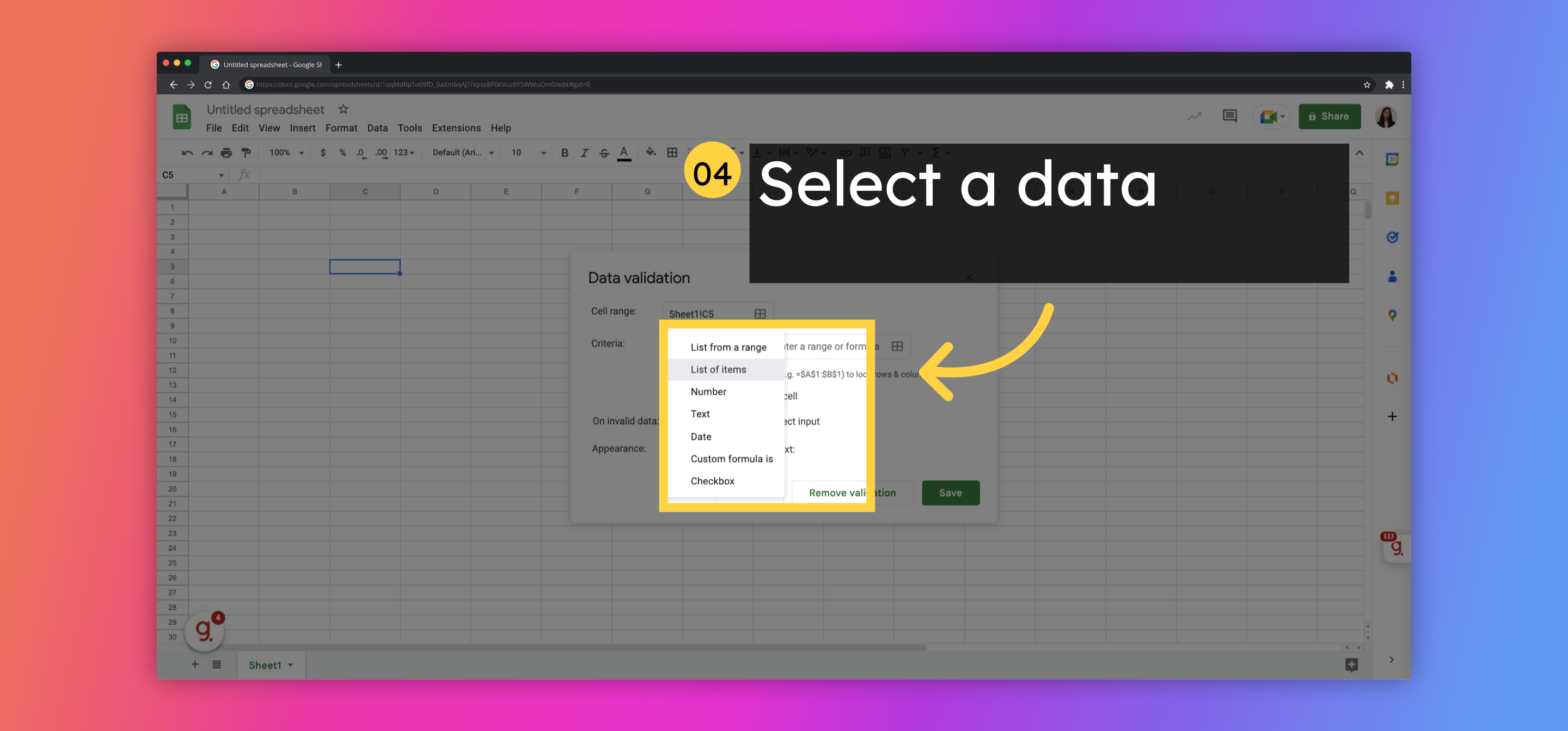 Select a data validation criteria