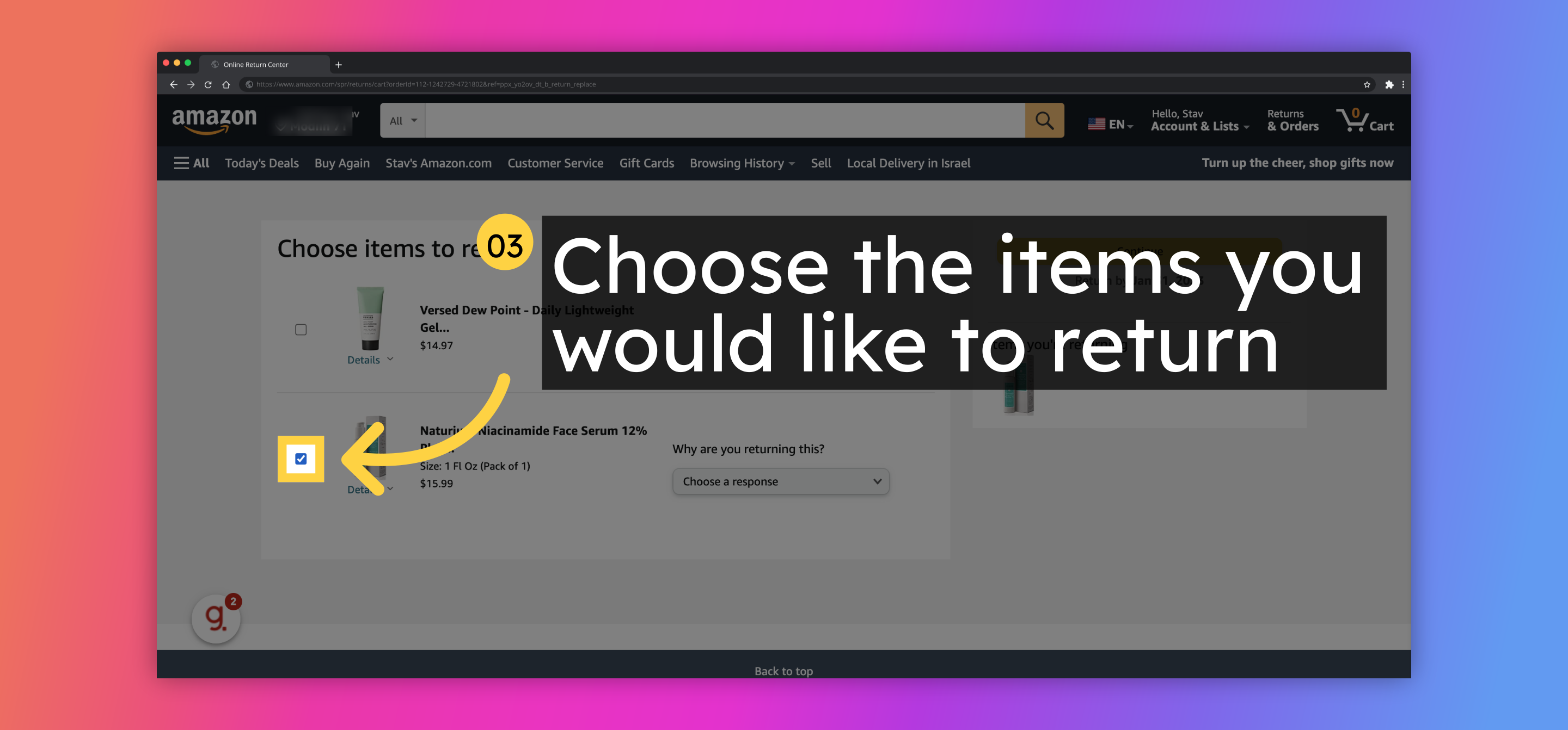 Choose the items you would like to return