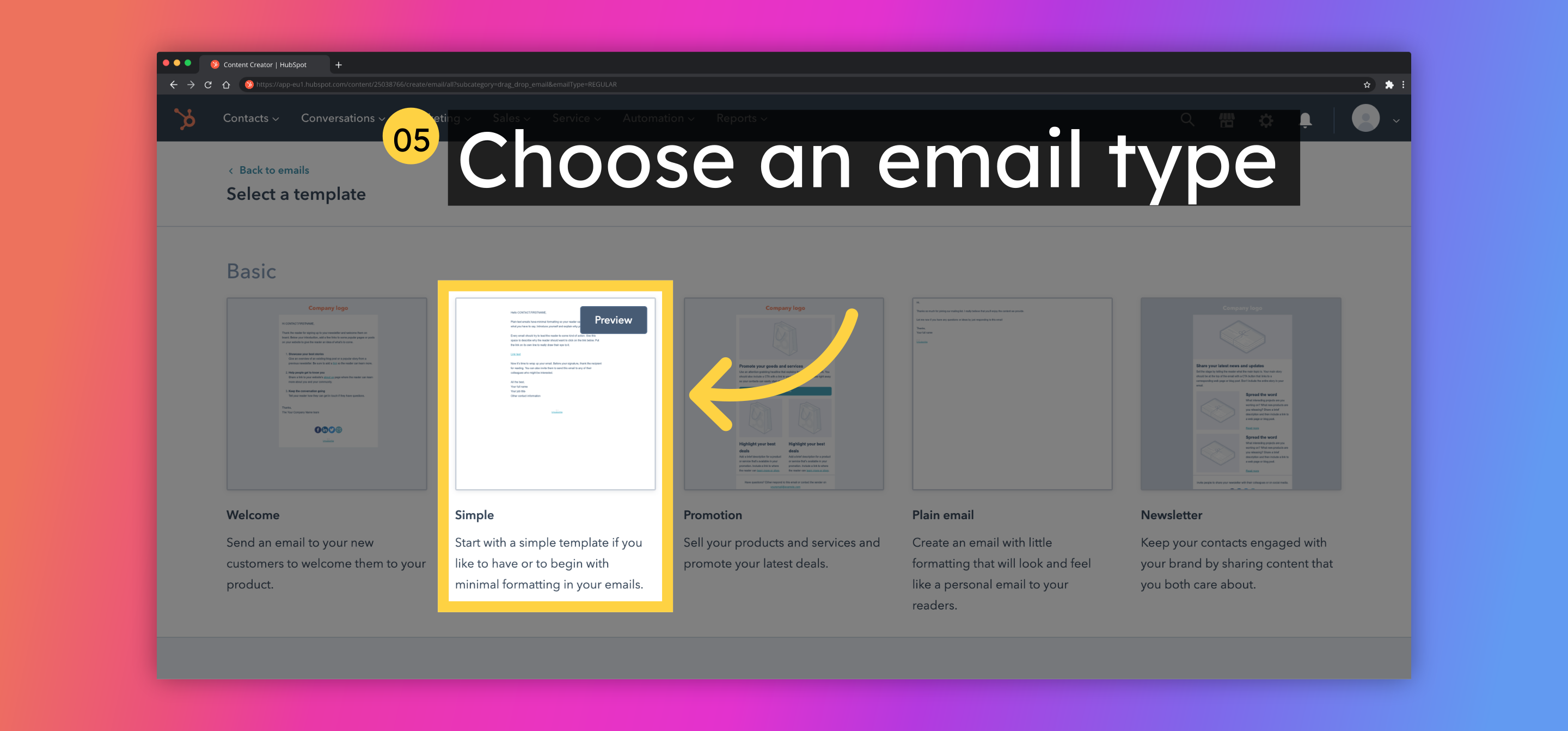 Choose an email type