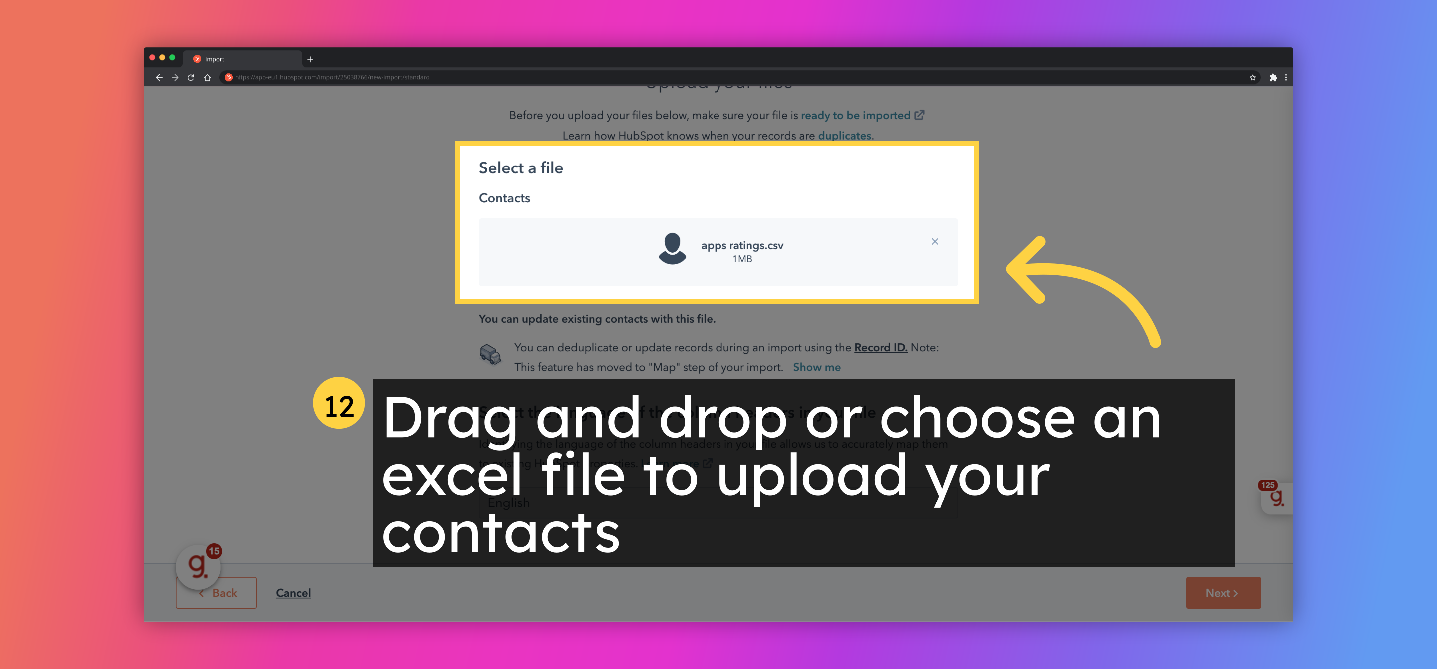 Drag and drop or choose an excel file to upload your contacts