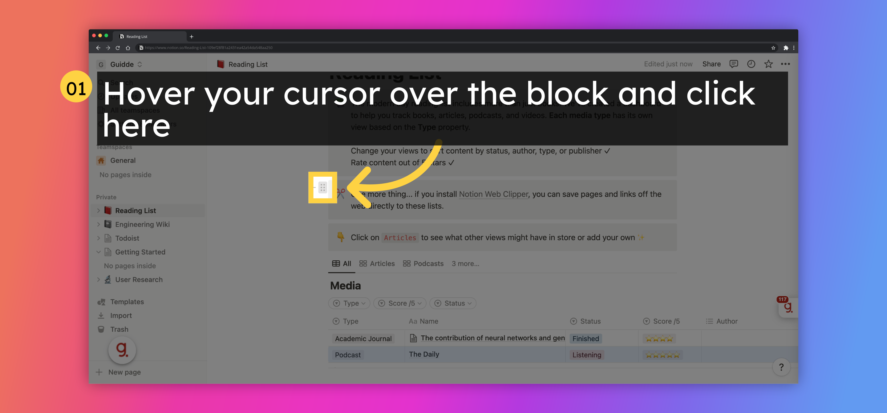 Hover your cursor over the block and click here