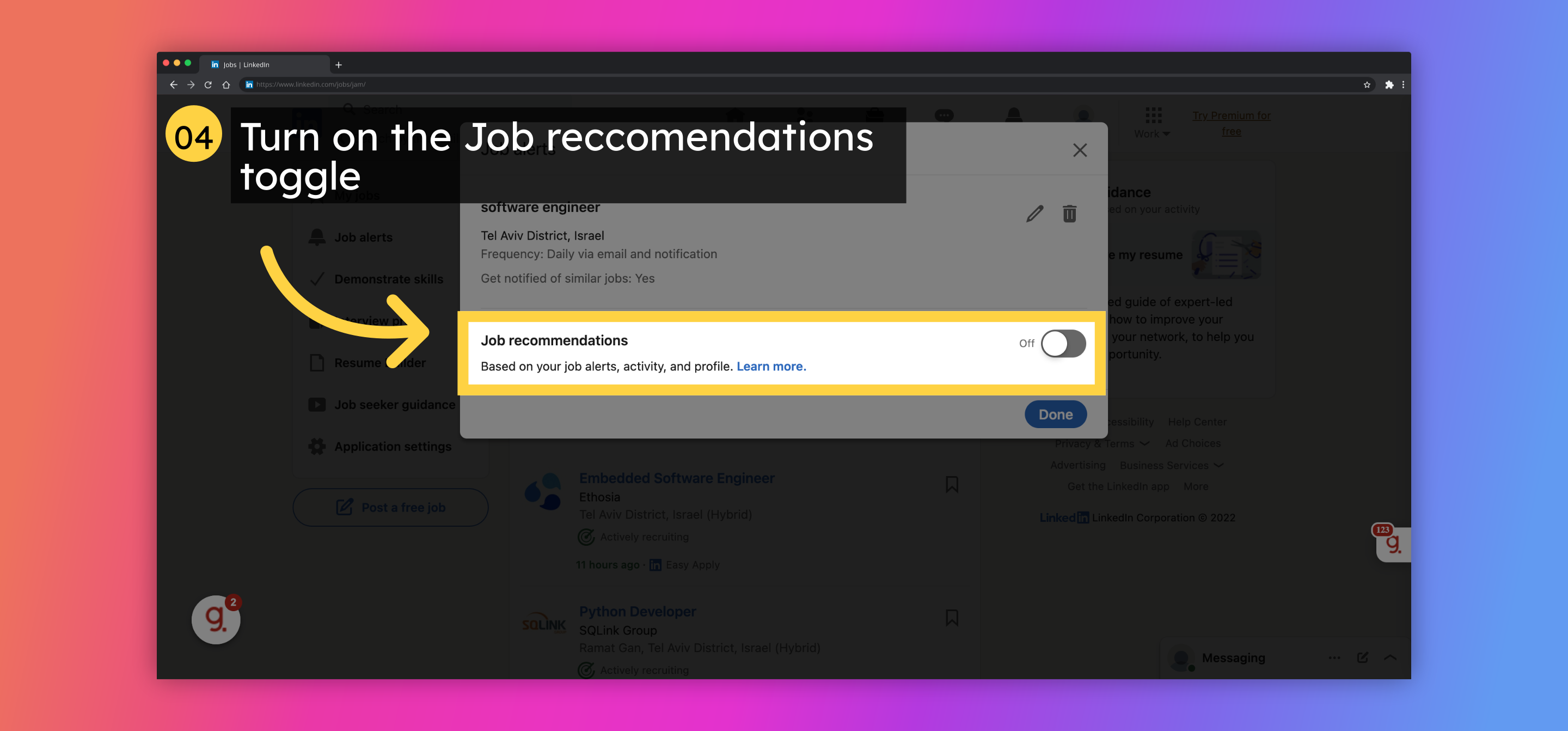 Turn on the Job reccomendations toggle