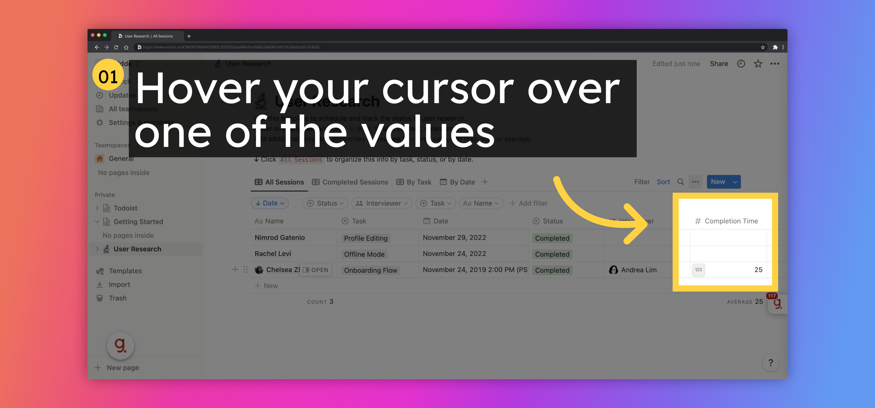 Hover your cursor over one of the values