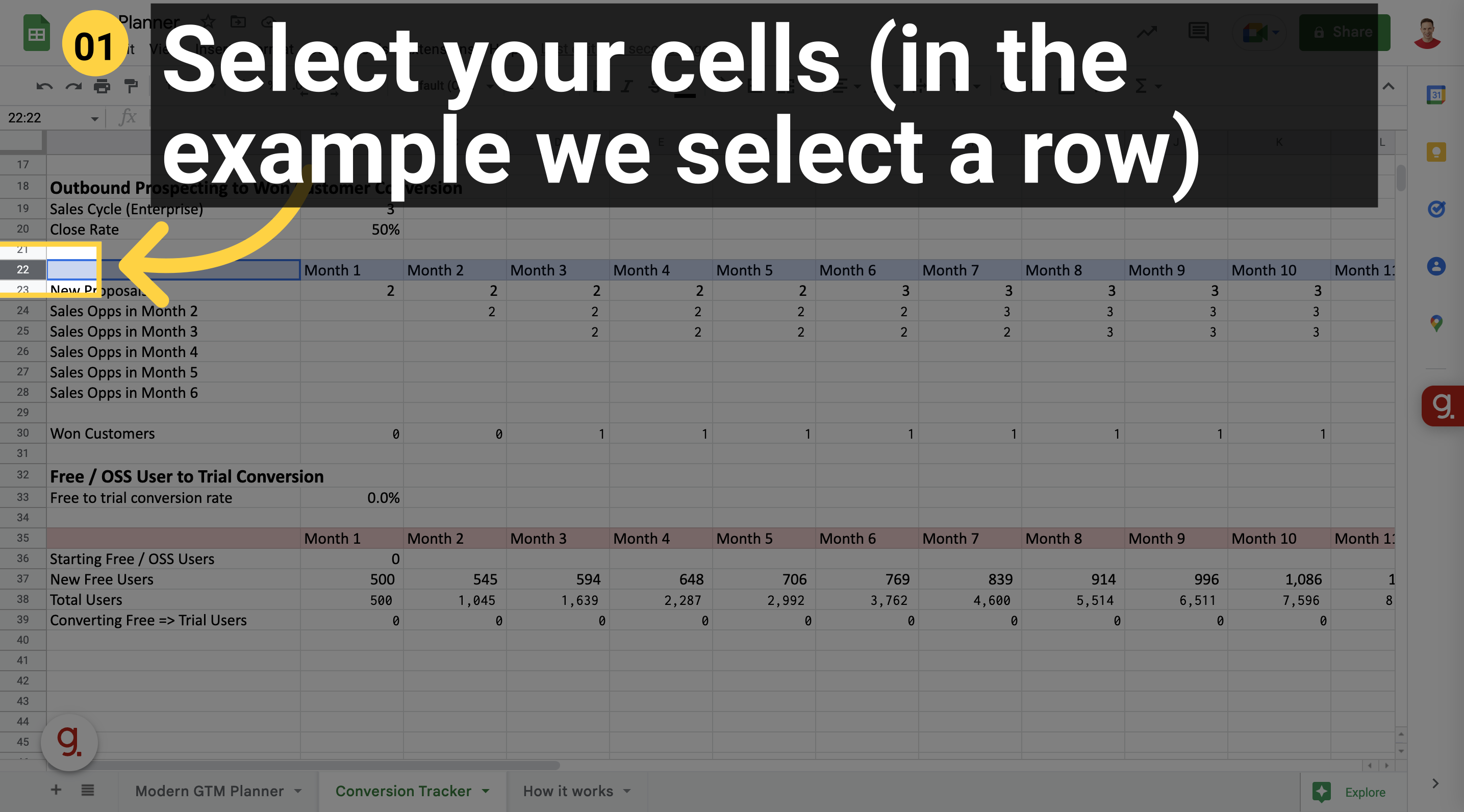 Select your cells (in the example we select a row)