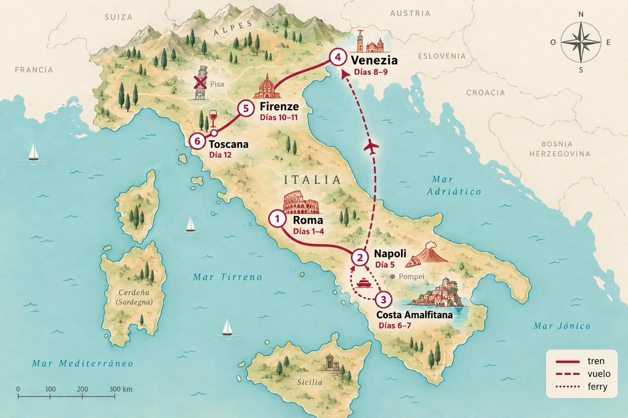 Mapa de la ruta de 12 días por Italia: Roma, Nápoles, Costa Amalfitana, Venecia, Florencia y Toscana