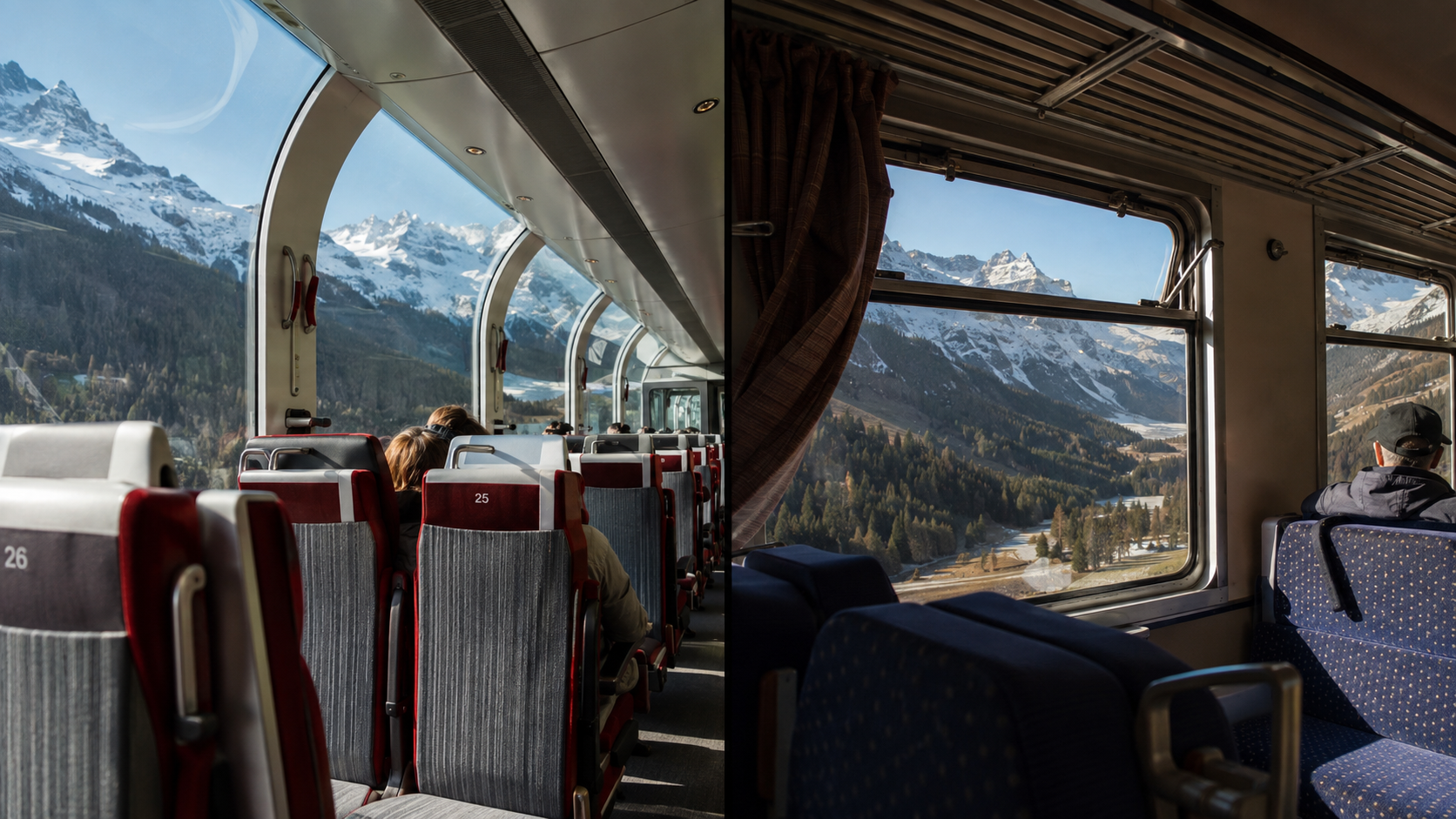 Comparison between the interior of the panoramic train and the regional train on the Bernina Express