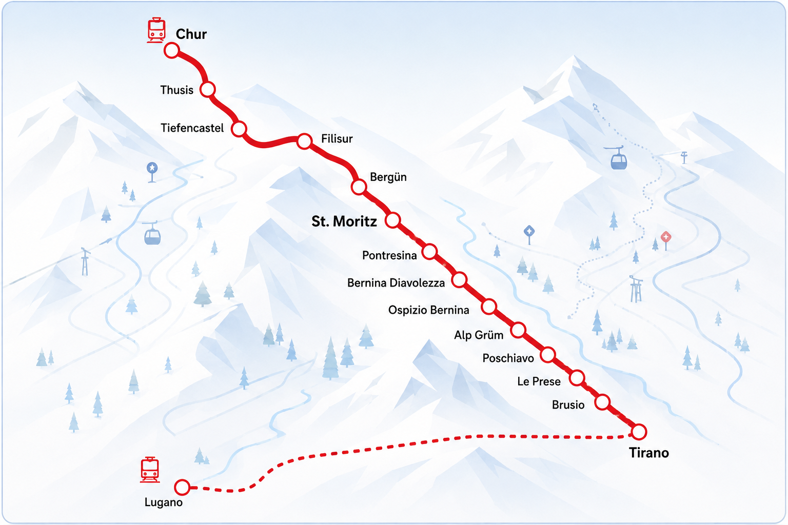 Map of the Bernina Express route from Chur to Tirano