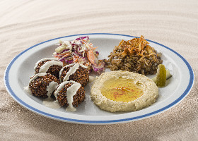 Falafel, arroz com lentilha, homos, picles e salada