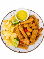 Tiras de tilápia e chips de batata