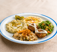 Falafel, arroz com lentilha, homos, baba ghannouge, tabule e picles