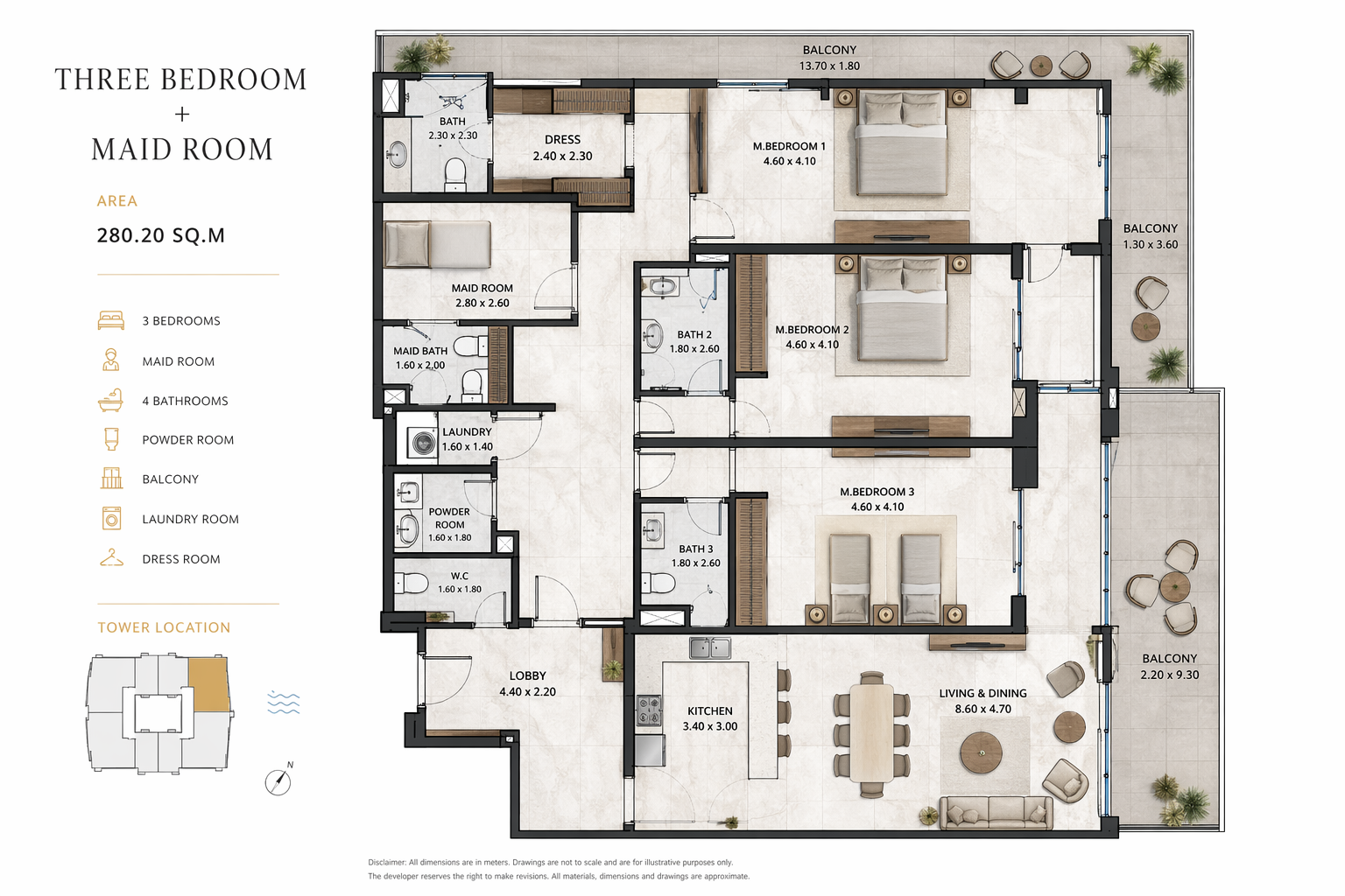 3 Bedroom Apartment + Maid’s Room