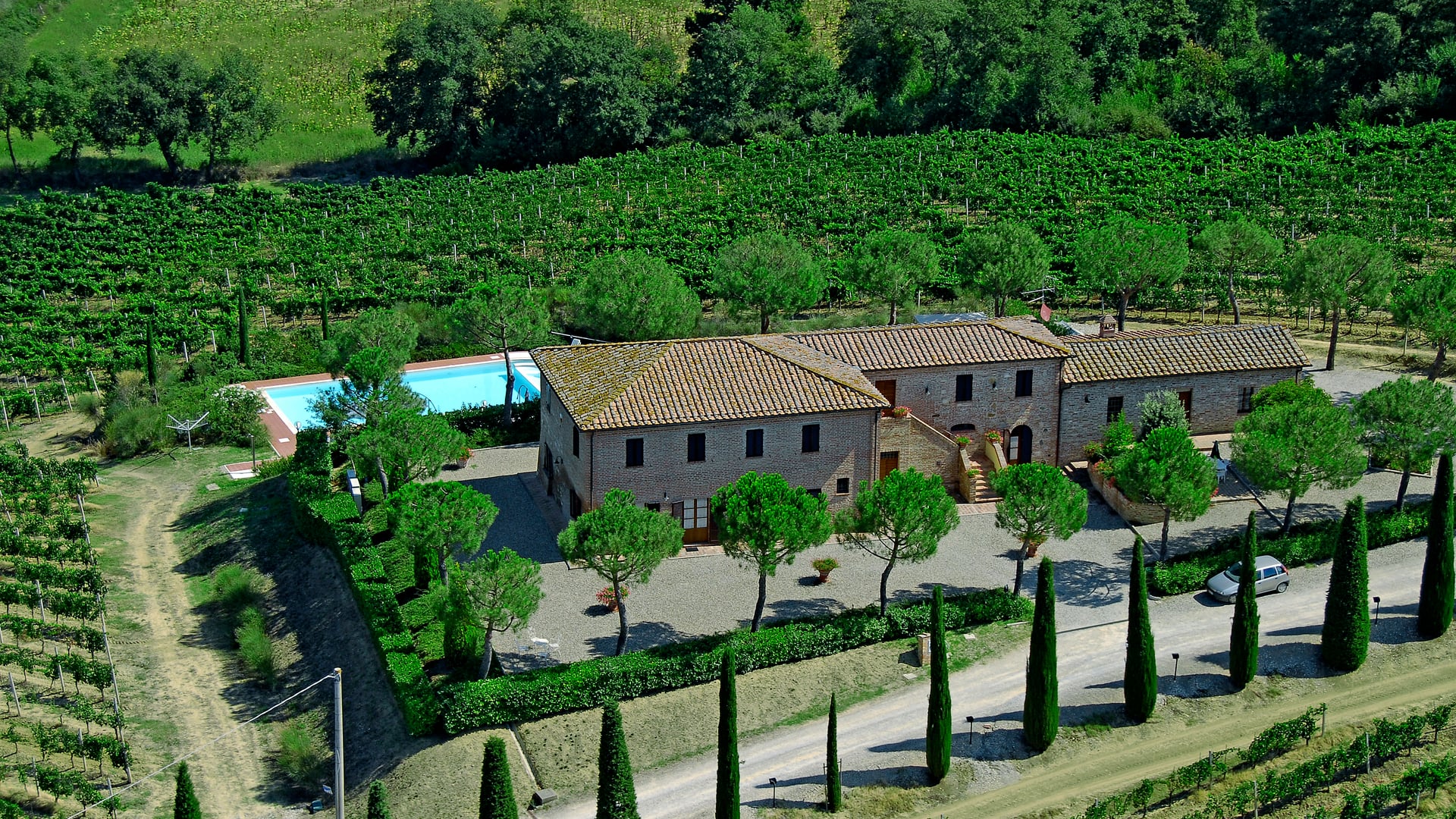 Montepulciano Tuscan stone agriturismo farm estate welcoming guests amidst rolling olive groves and vines