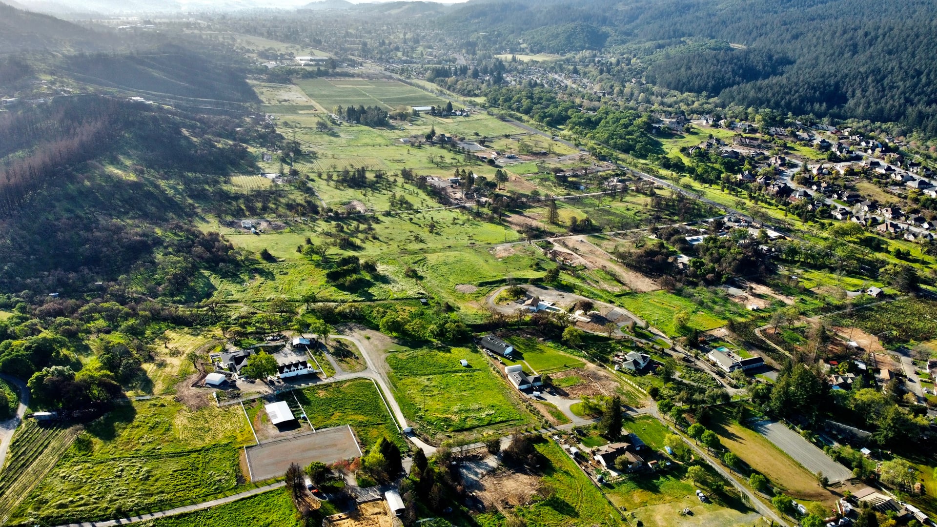 Aerial view of Sonoma Valley vineyards and leisure acreage in rolling wine country