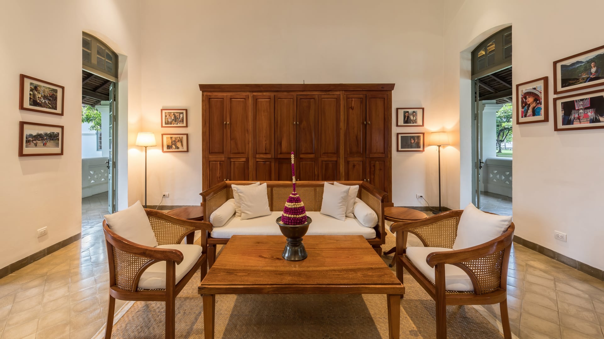 Amantaka luxury boutique hotel lounge at blue hour showcasing intimate scale and refined design