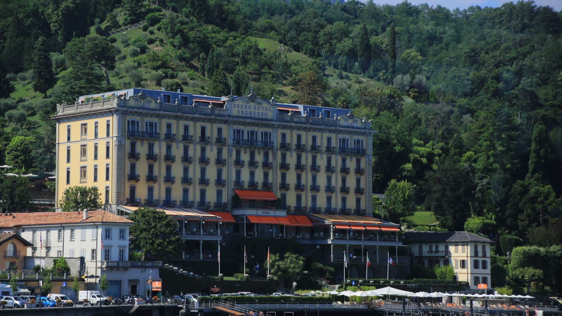 Grand Hotel Tremezzo historic facade overlooking Lake Como, Italy