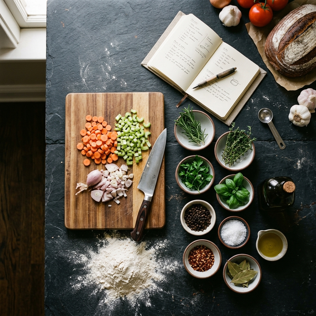 An overhead view of a professional kitchen prep station with fresh ingredients, herbs, spices, a cutting board, chef's knife, and a notebook on a dark slate countertop