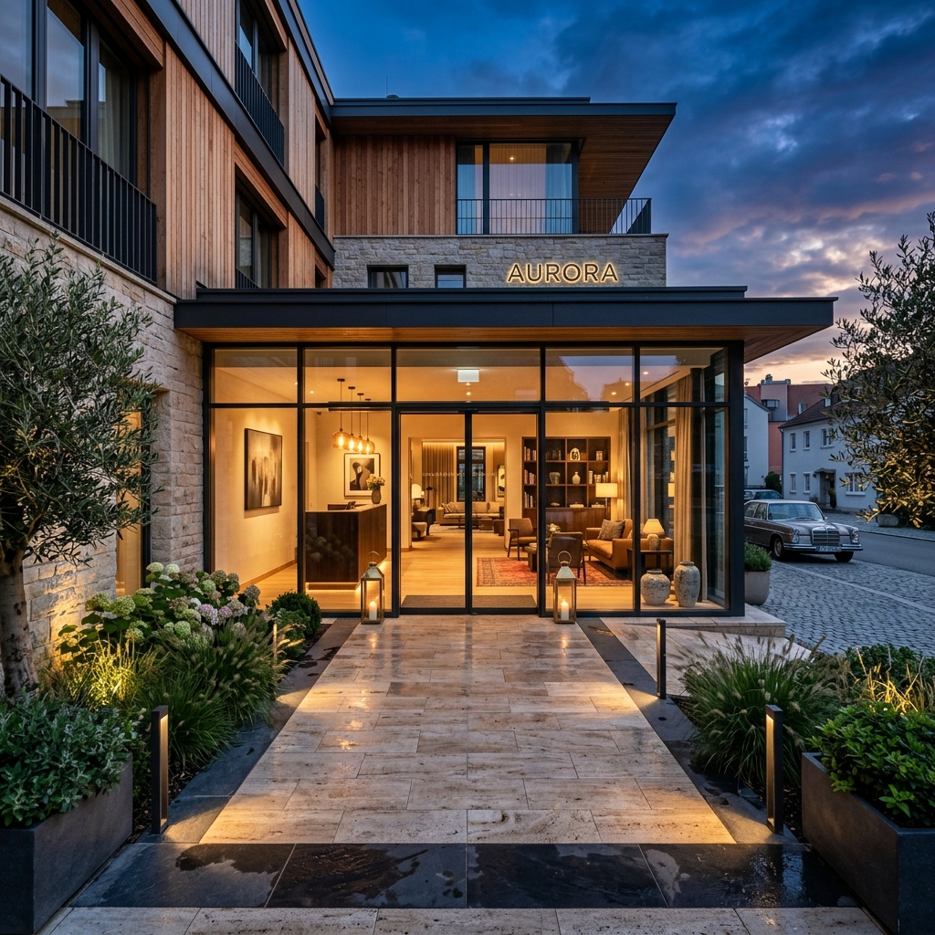 A boutique hotel entrance at twilight with warm light spilling through floor-to-ceiling windows, contemporary stone and wood architecture with manicured landscaping